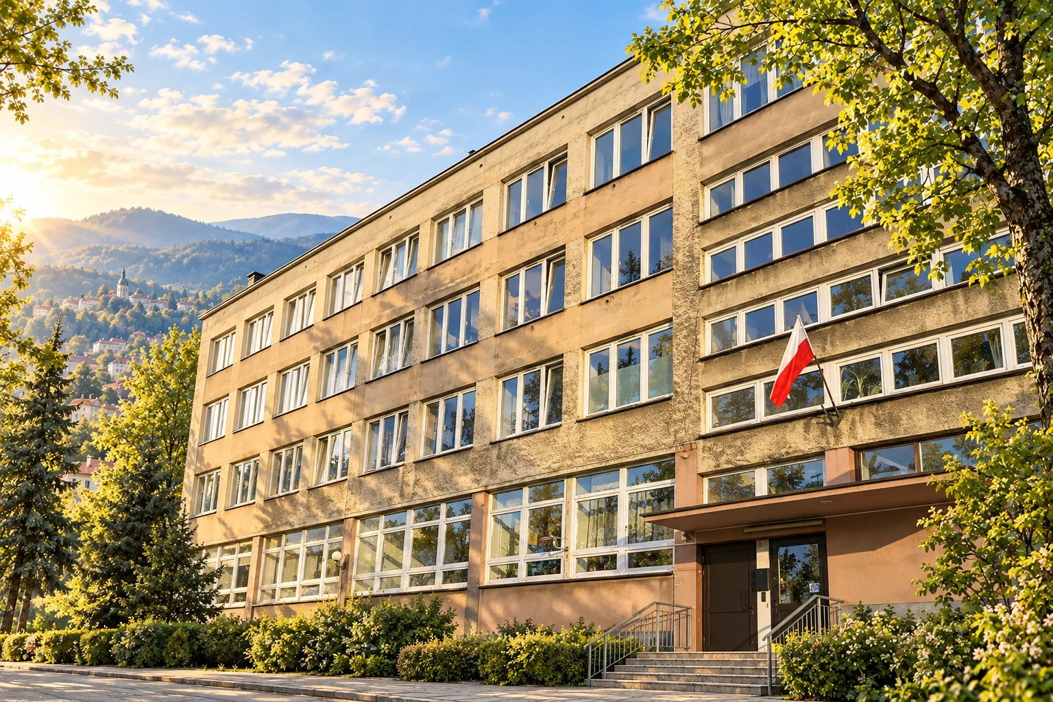 Wizualizacja budynku bursy przy ul. Starobielskiej 10 w Bielsku-Białej z Beskidami w tle